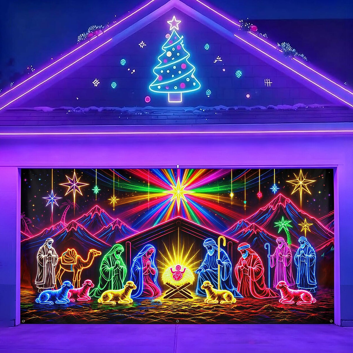 Blacklight Christmas Garage Cover UV Reactive Nativity Scene