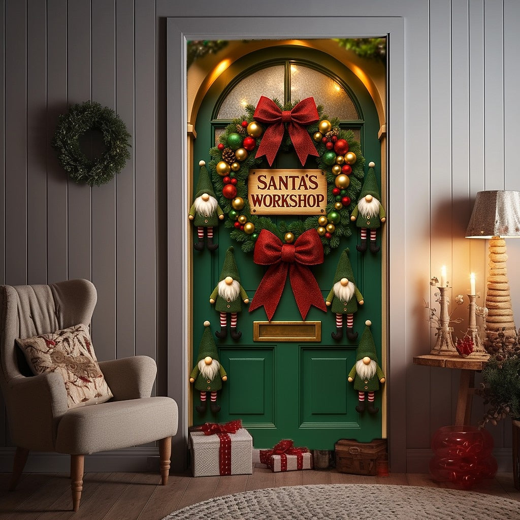 Green Door Wreath & Red Bow Christmas Door Cover