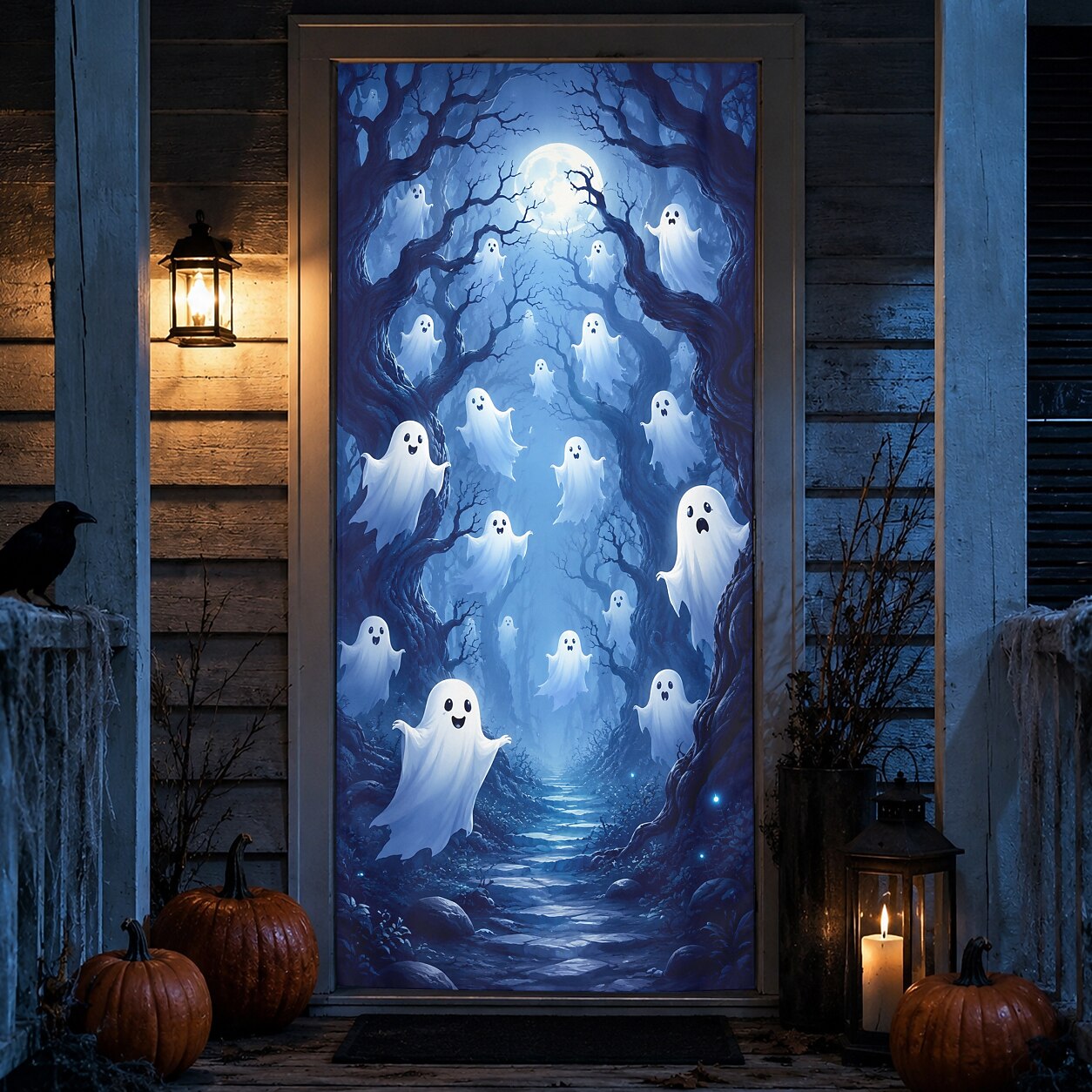 Spooky Door Banner Halloween Door Cover Cute Ghost Haunted Forest