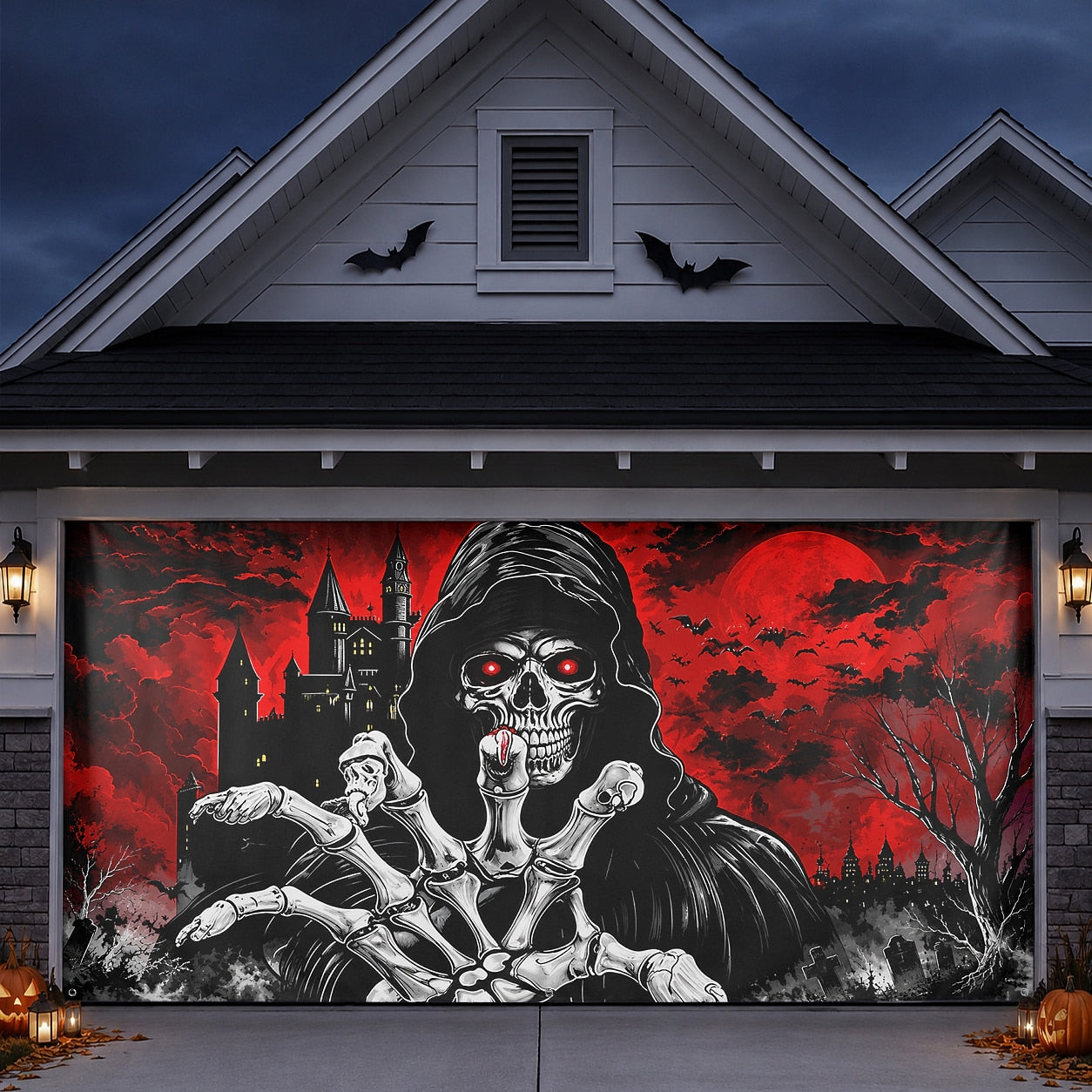 Grim Reaper Skull & Red Eyes | Halloween Garage Door Banner Cover