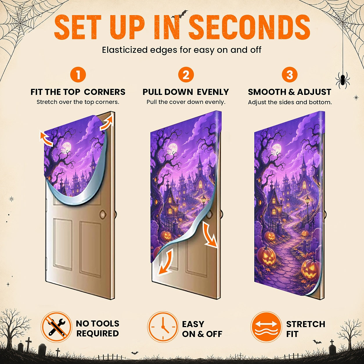 Skeleton Door Banner Halloween Door Cover Haunted House Purple Graveyard