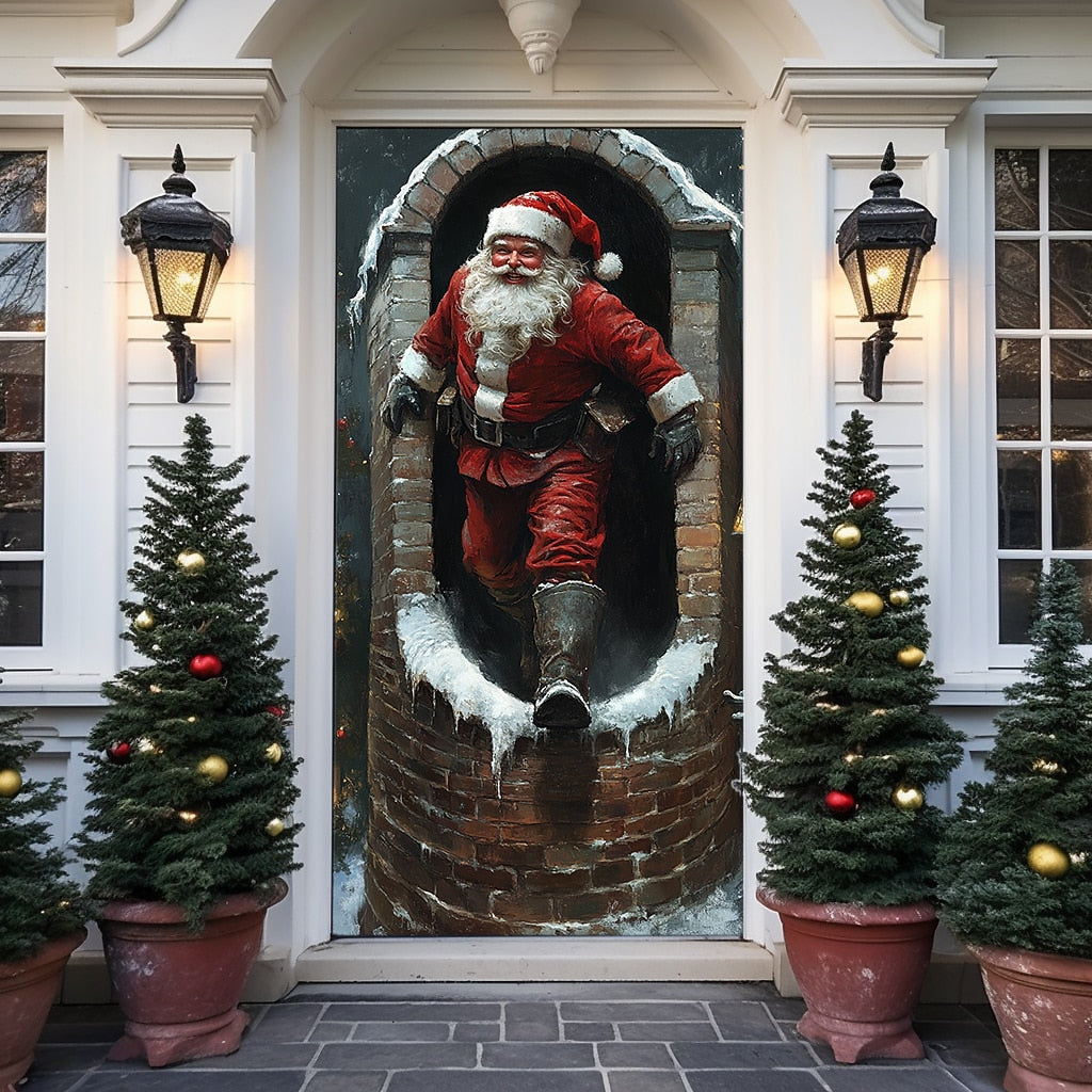 Santa Breaking Through Wall Christmas Door Cover