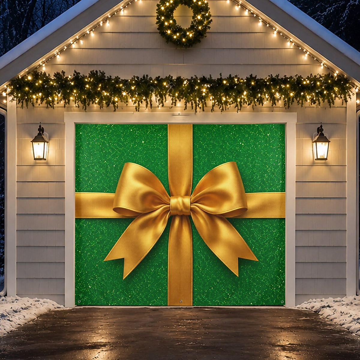 Christmas Garage Cover 3D Green Gift Box & Gold Bow