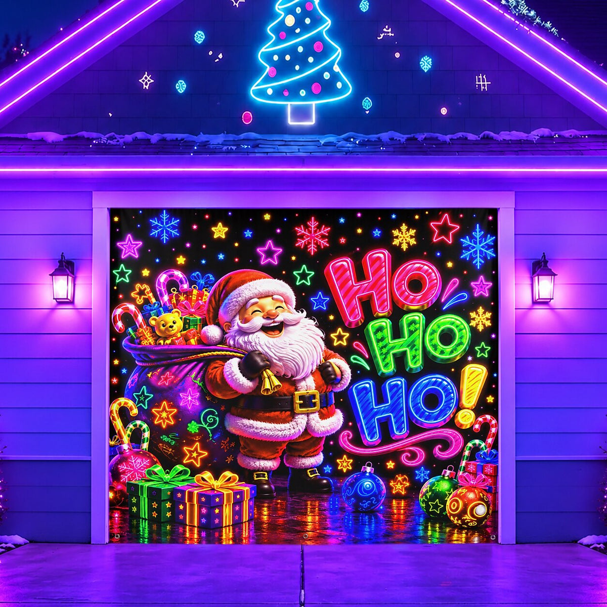 Blacklight Christmas Garage Cover UV Reactive Ho Ho Ho Santa