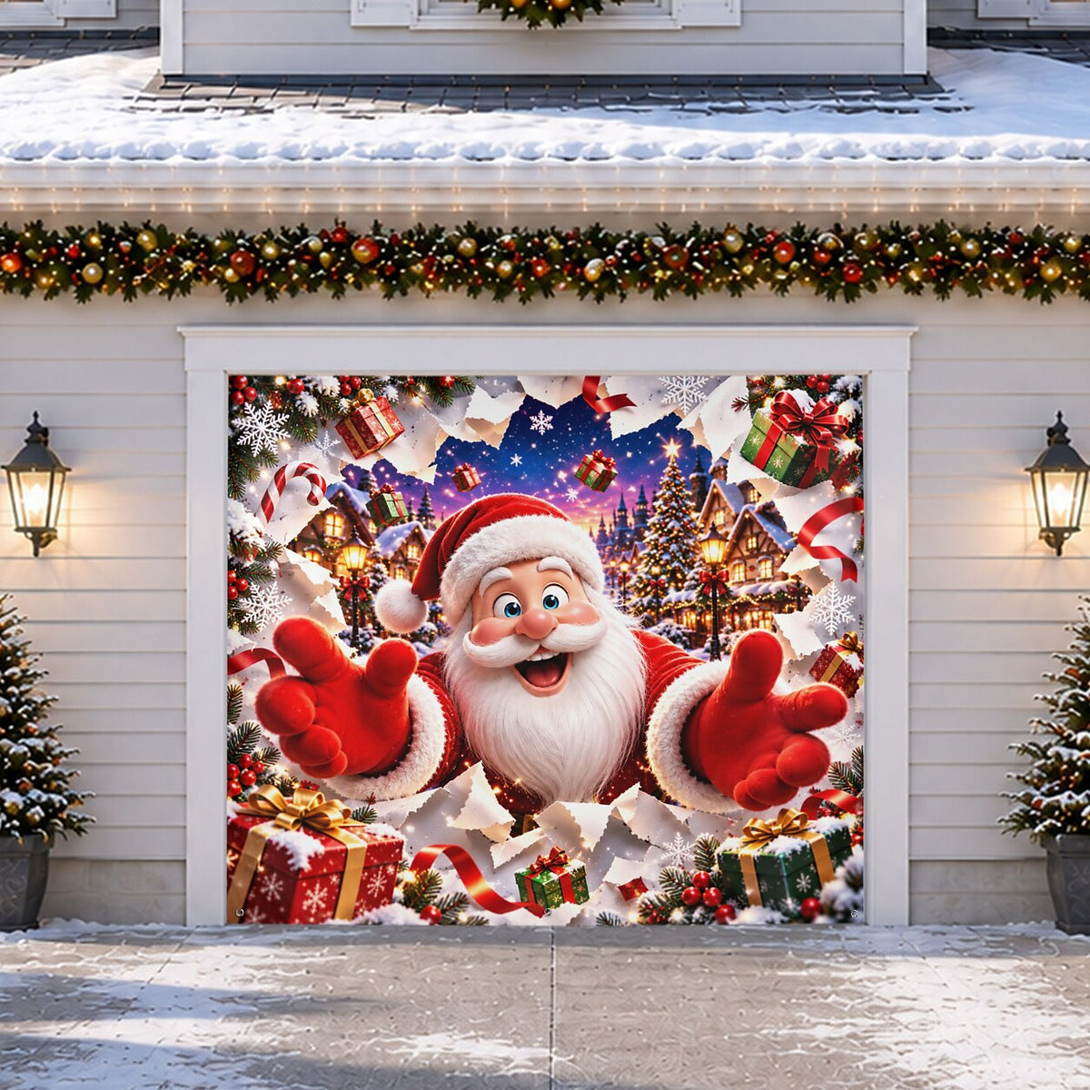 3D Christmas Garage Door Cover - Santa Breaking Wall