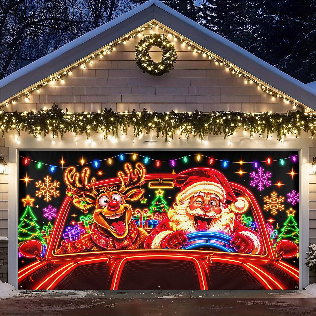 Blacklight Christmas Garage Cover UV Reactive Santa & Reindeer