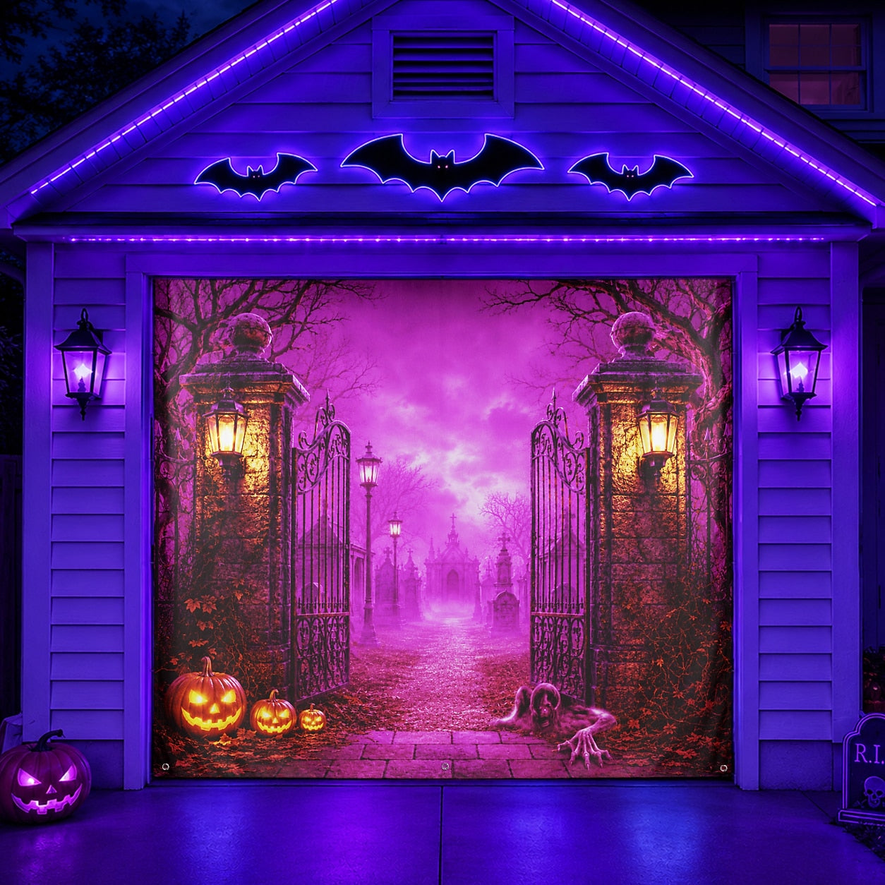 Fluorescent Haunted Cemetery Gate | Halloween Garage Door Banner Cover
