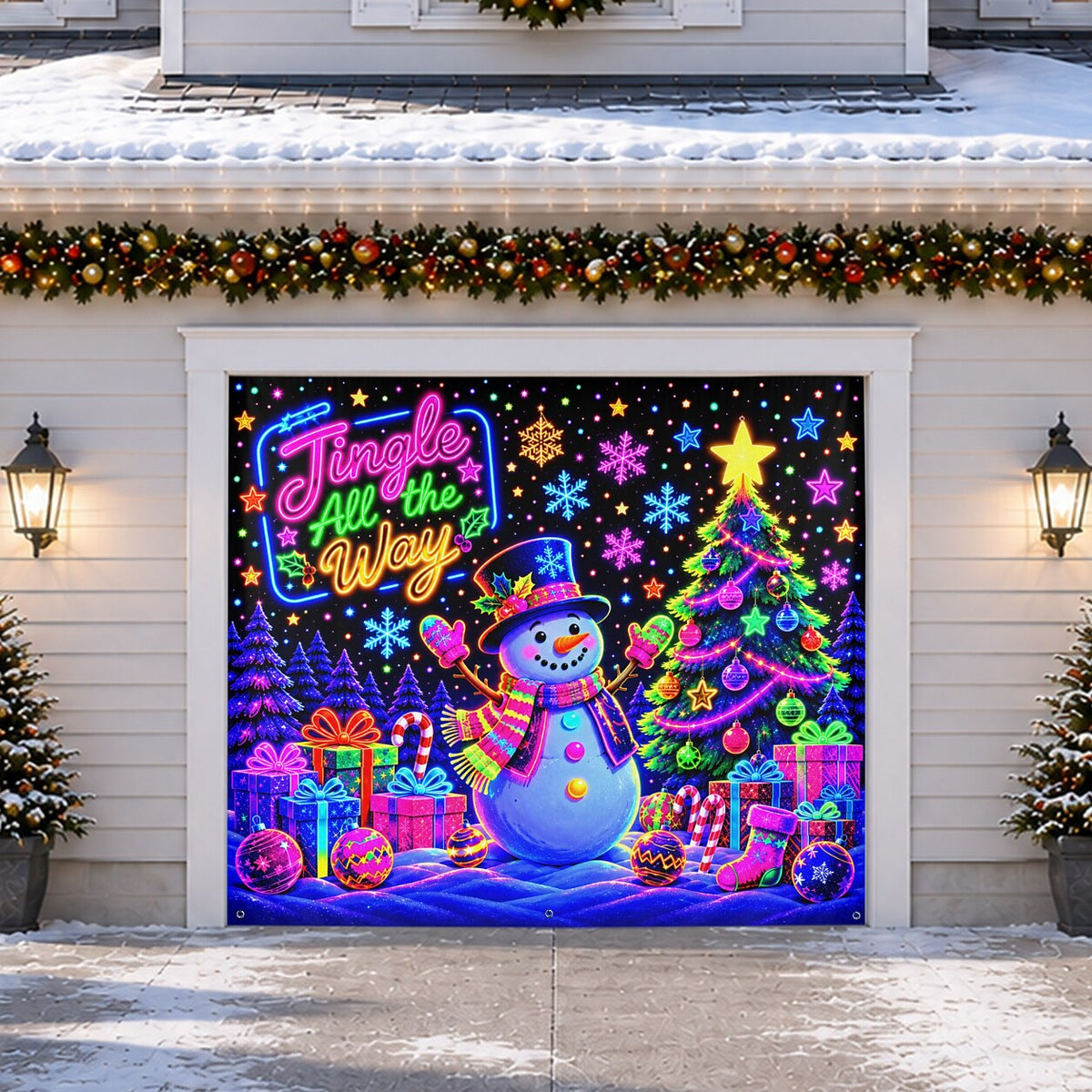 Blacklight Christmas Garage Cover UV Reactive Snowman
