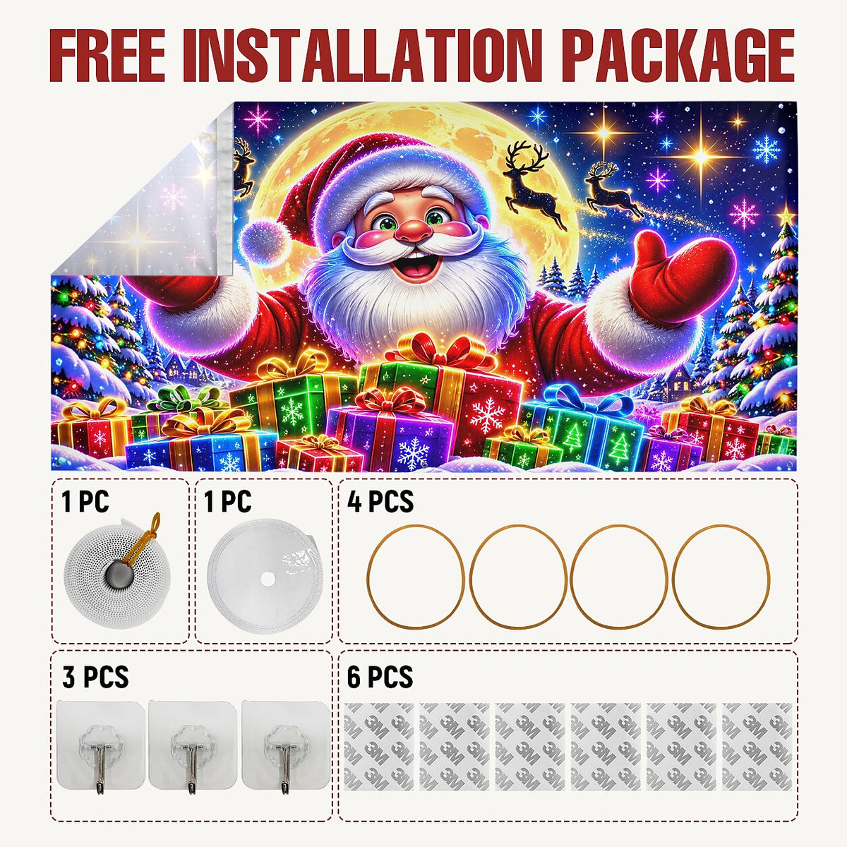 Blacklight Christmas Garage Door Cover - Santa Claus & Presents Neon Design