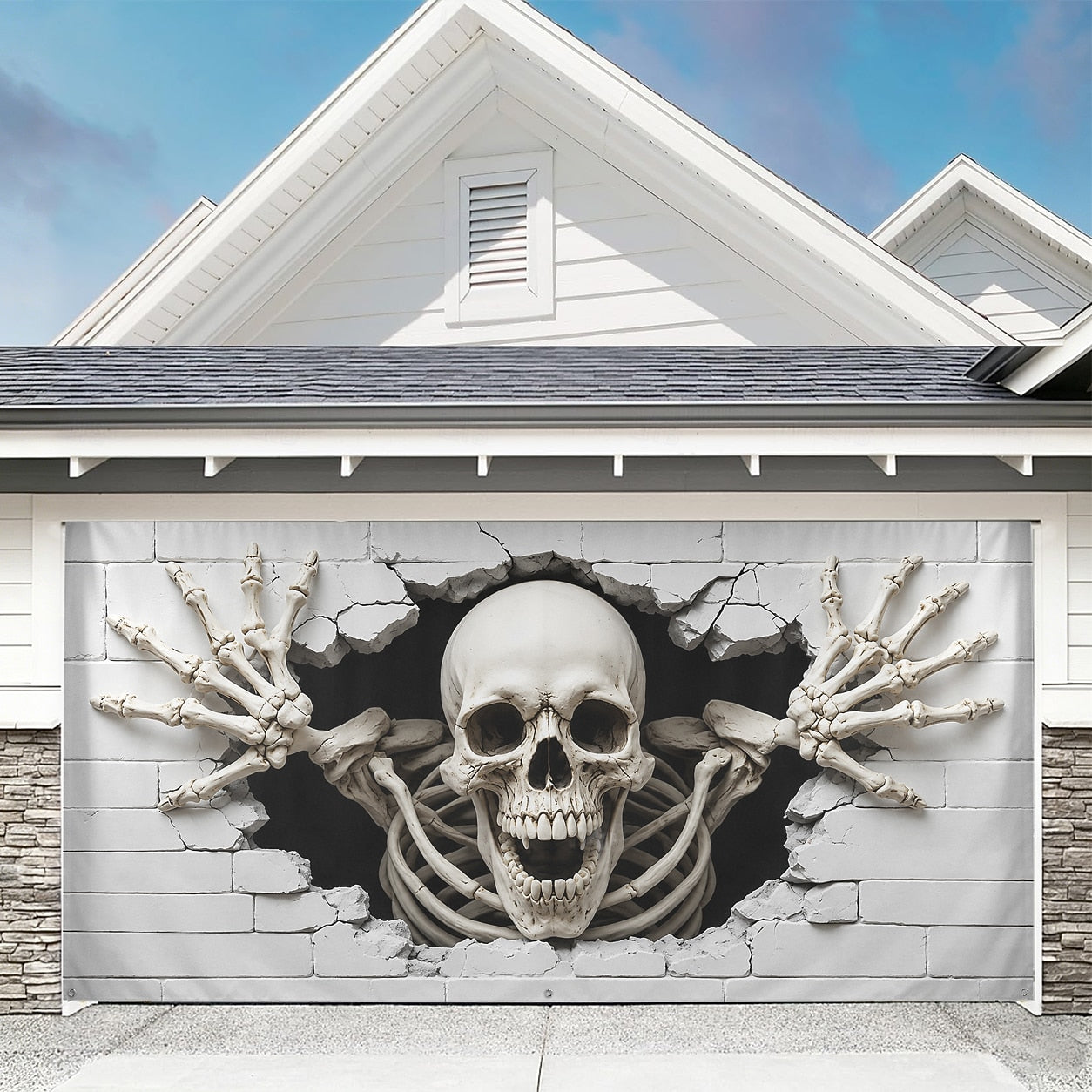 3D Skeleton Breaking Through Wall Illusion | Halloween Garage Door Banner Cover