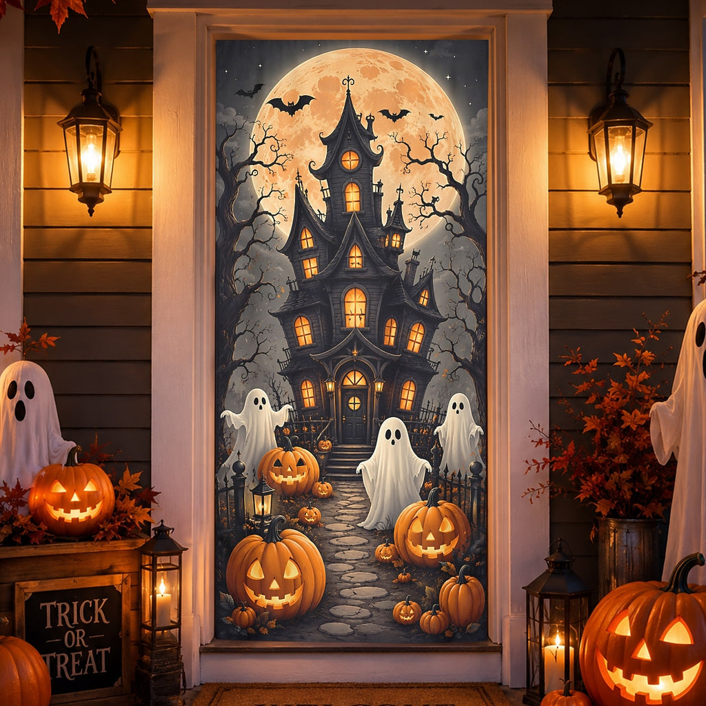 Pumpkin Full Moon Banner Halloween Door Cover Glowing Skull Grim Reaper