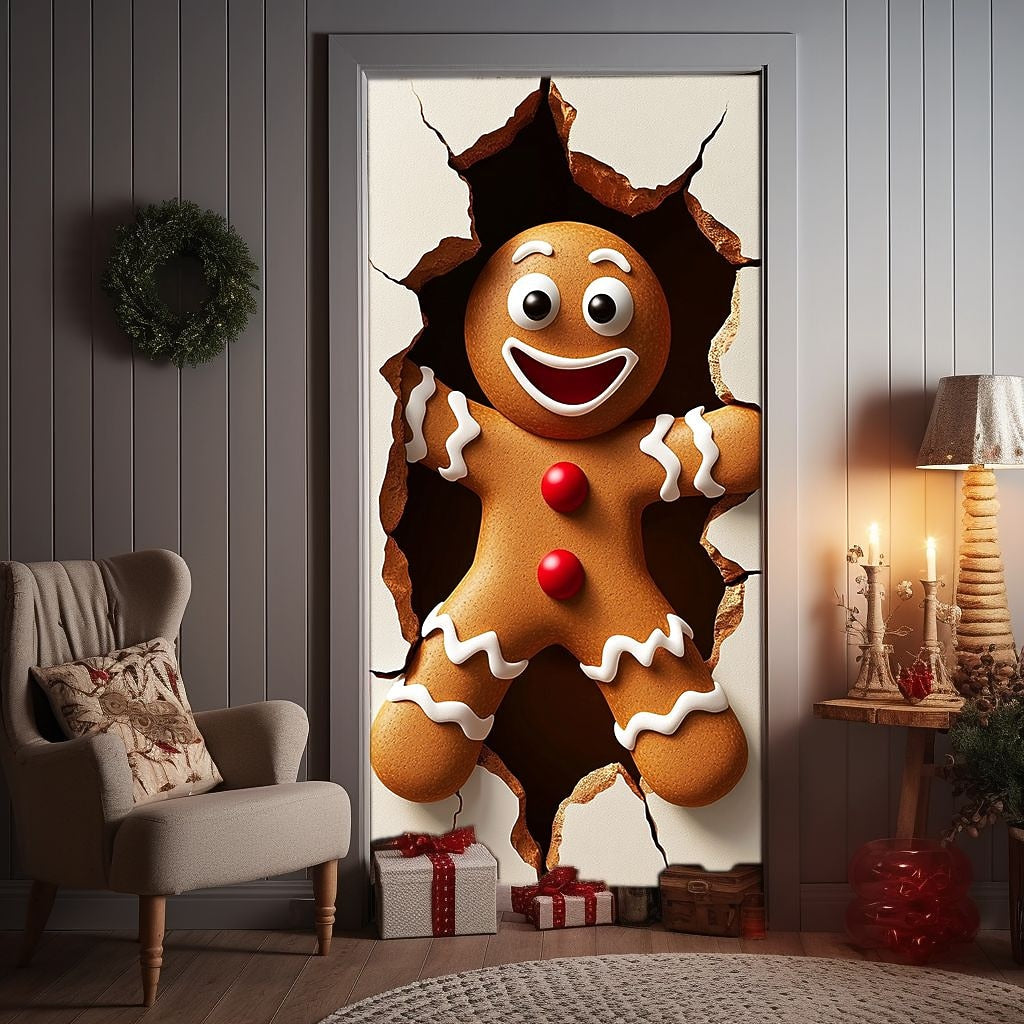 Santa Breaking Through Wall Christmas Door Cover