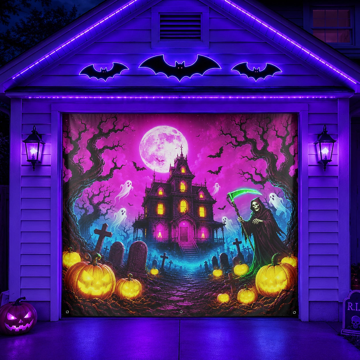 Blacklight Glow Ghost & Neon Purple | Halloween Garage Door Banner Cover