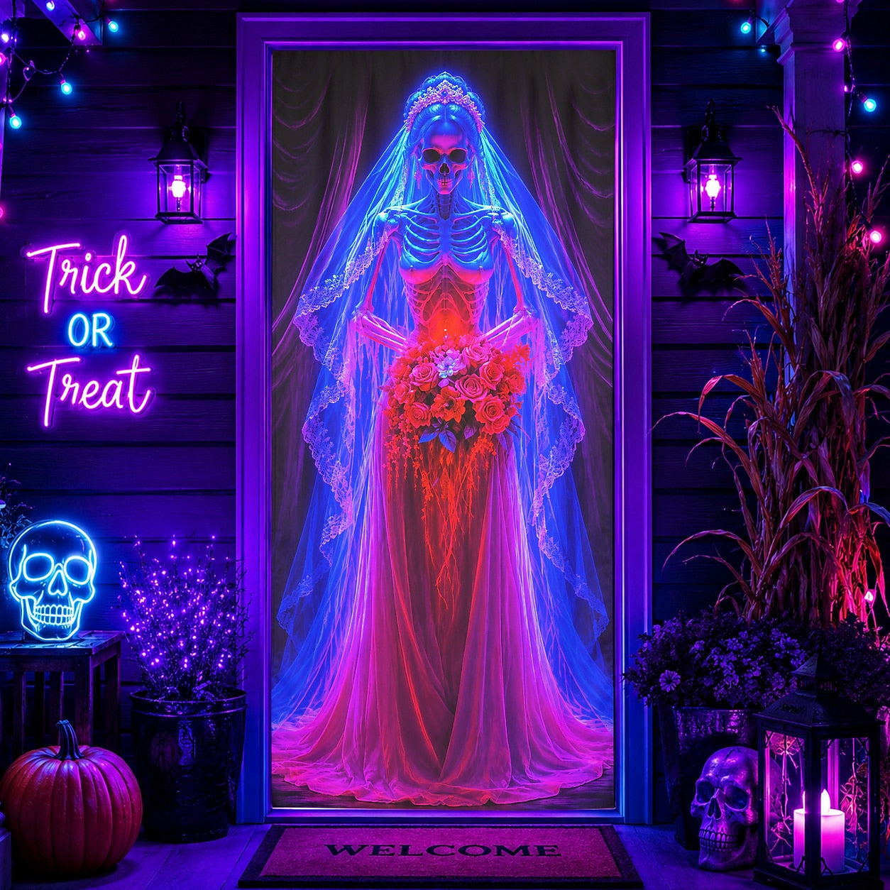 Ghost Bride Graveyard Moon Neon Door Banner Halloween Door Cover