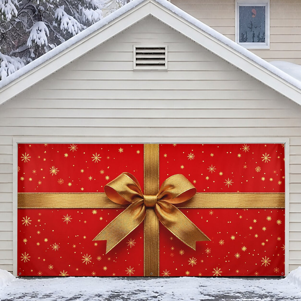 Christmas Garage Cover 3D Red Gift Box & Bow