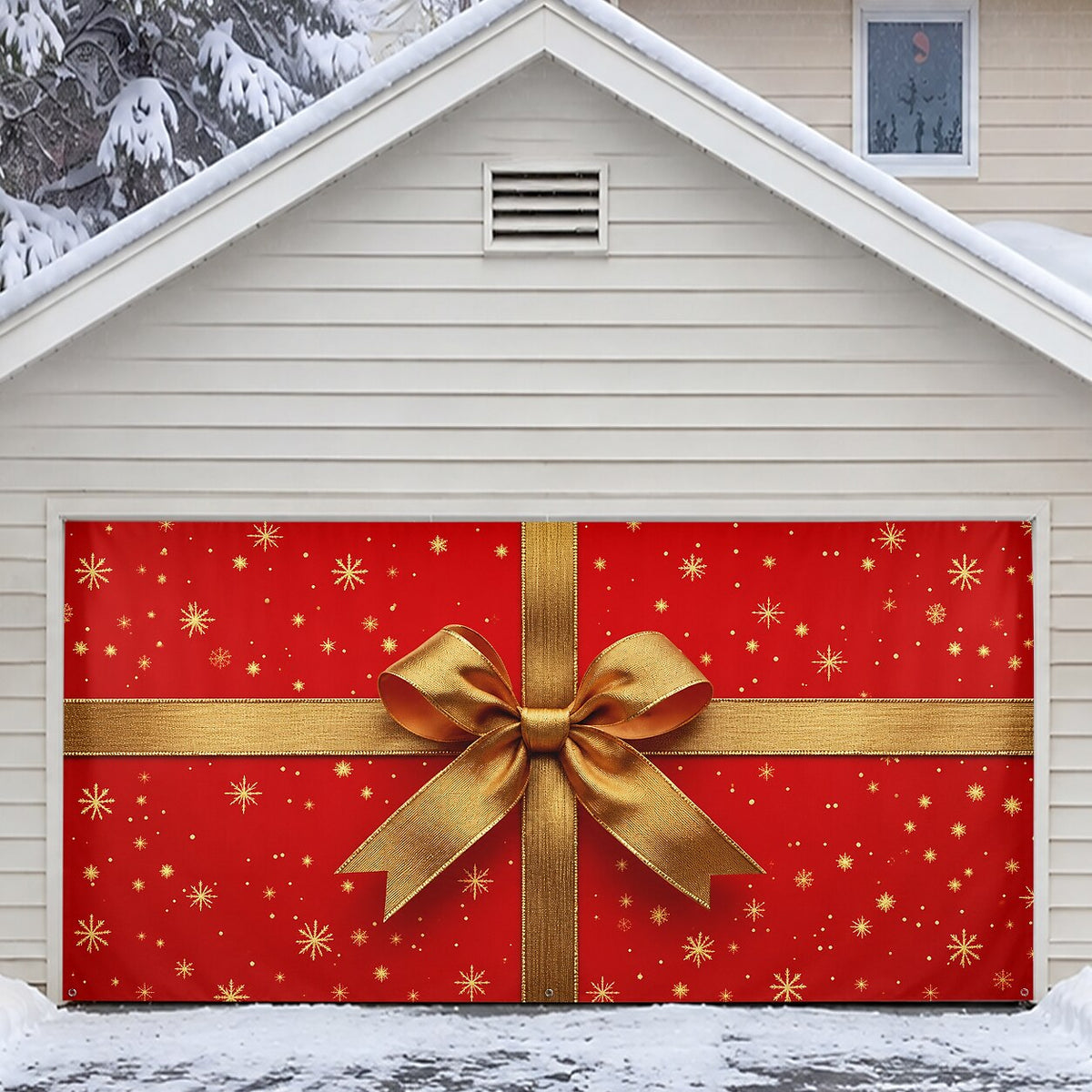 Christmas Garage Cover 3D Red Gift Box & Bow