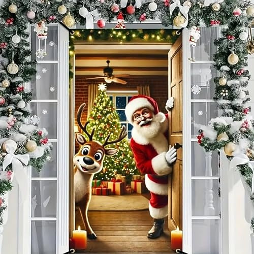 Santa Claus Reindeer & Merry Christmas Lettering Christmas Door Cover