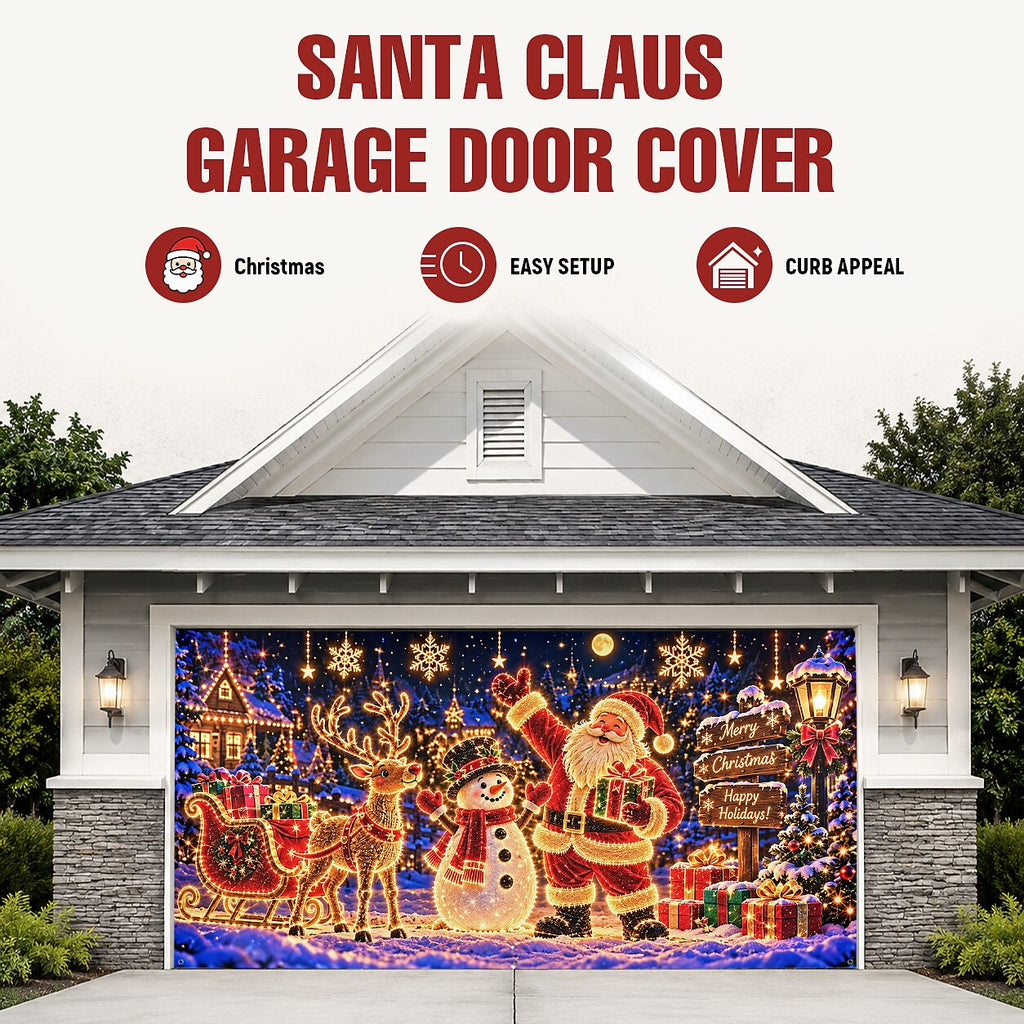 Blacklight Christmas Garage Cover UV Reactive Santa & Snowman