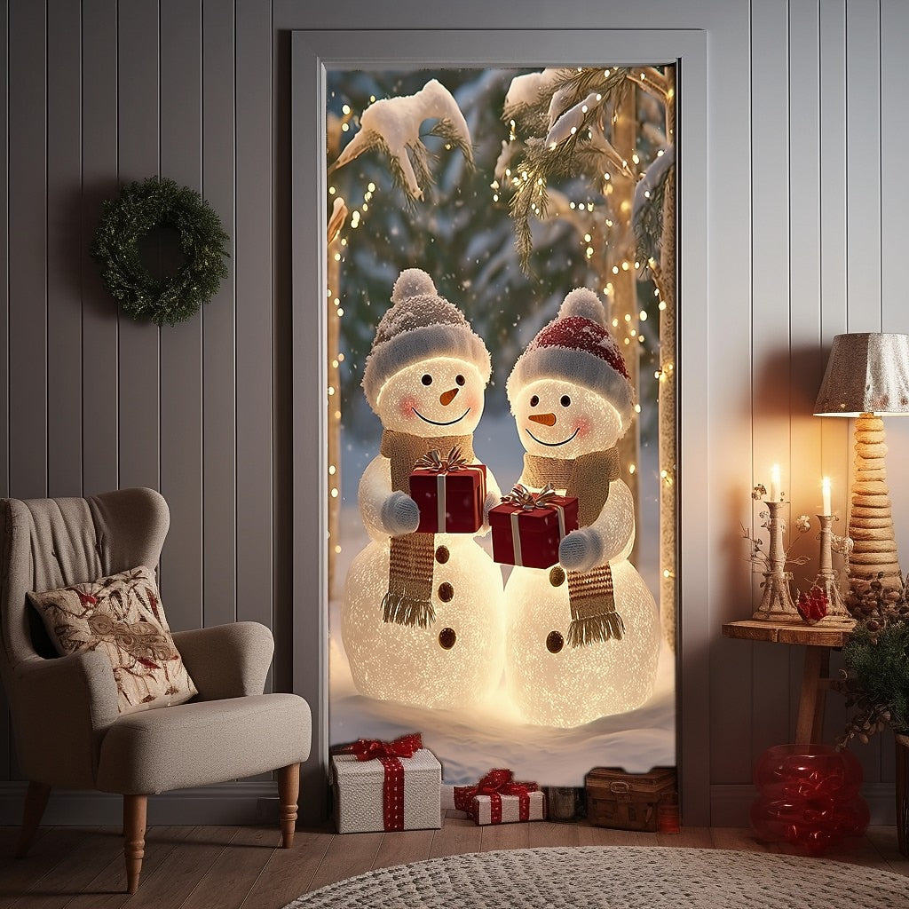 Cute Snowman in Winter Forest Christmas Door Cover
