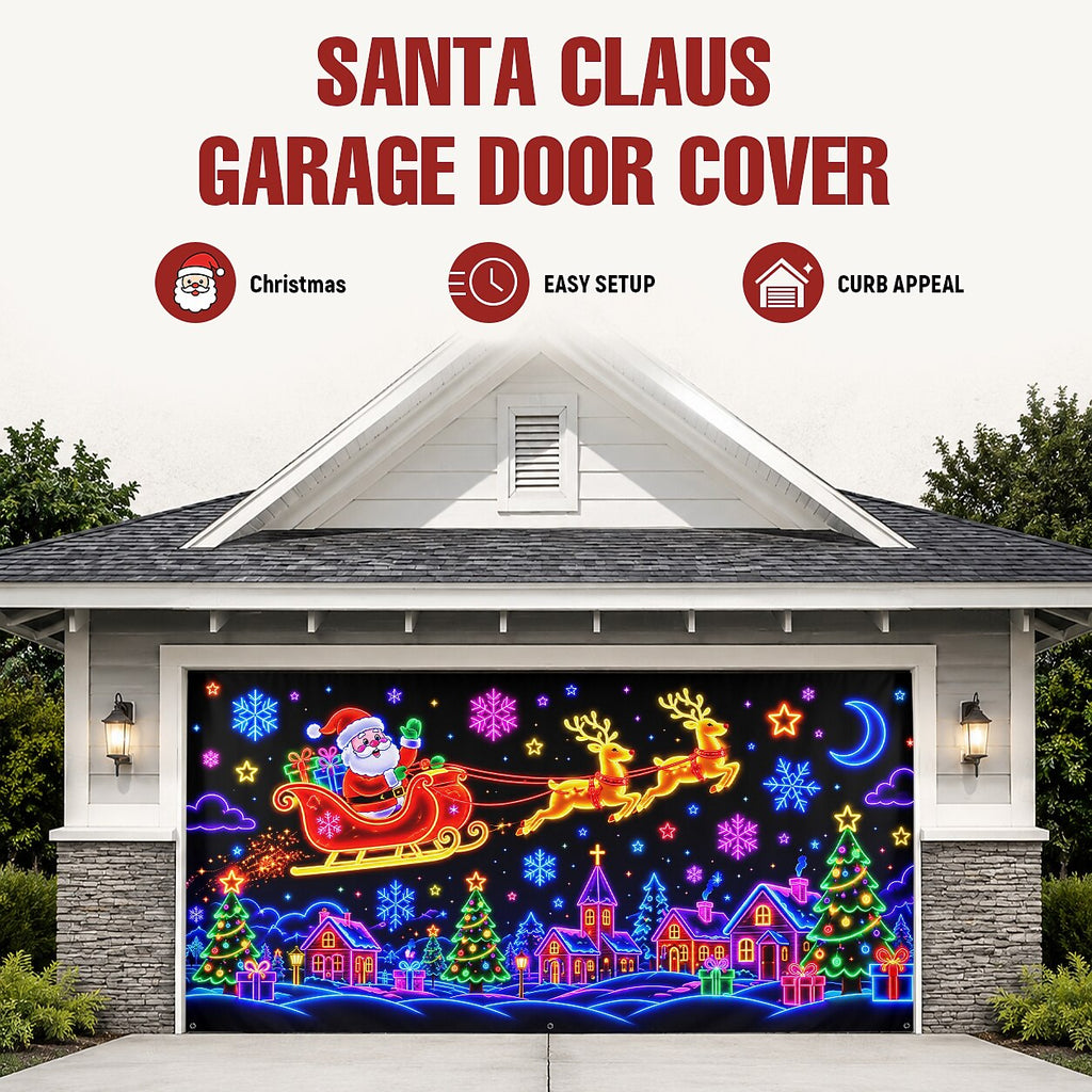Blacklight Christmas Garage Cover UV Reactive Santa Sleigh & Reindeer Night Scene
