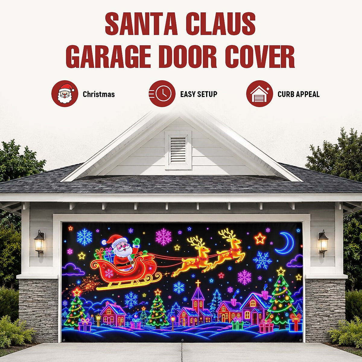 Blacklight Christmas Garage Cover UV Reactive Santa Sleigh & Reindeer Night Scene
