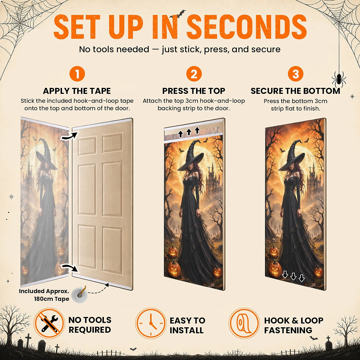 Gothic Witch Haunted Castle Pumpkin Banner Halloween Door Cover