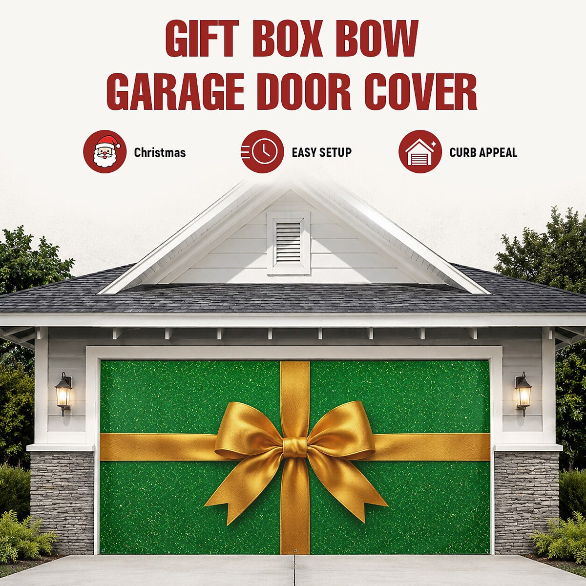 Christmas Garage Cover 3D Green Gift Box & Gold Bow