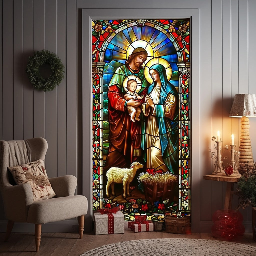 Stained Glass Holy Family Nativity Scene Christmas Door Cover