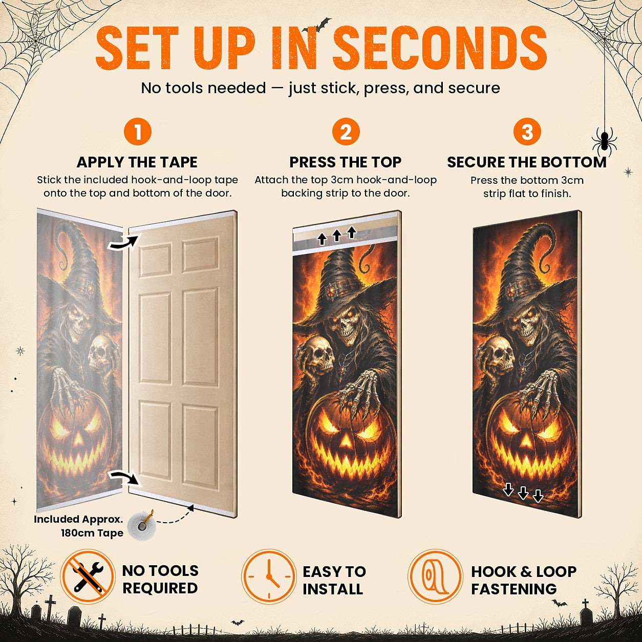 Skeleton Witch Glowing Pumpkin Door Banner Halloween Door Cover