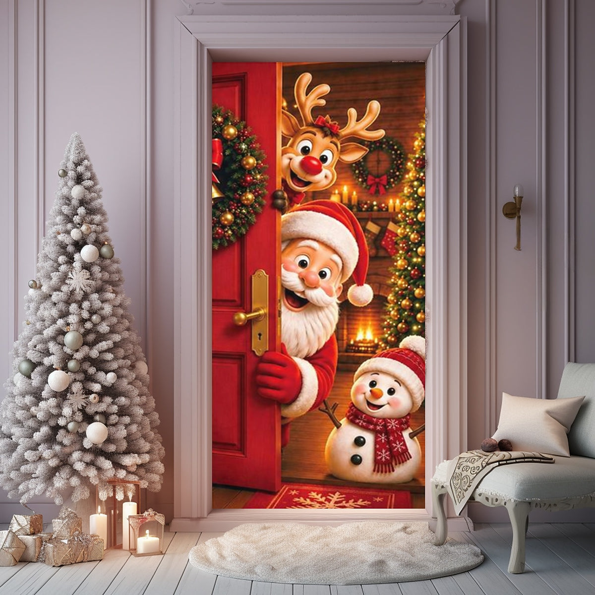 Christmas Door Cover - Stretch Fit Santa & Reindeer Door Decoration