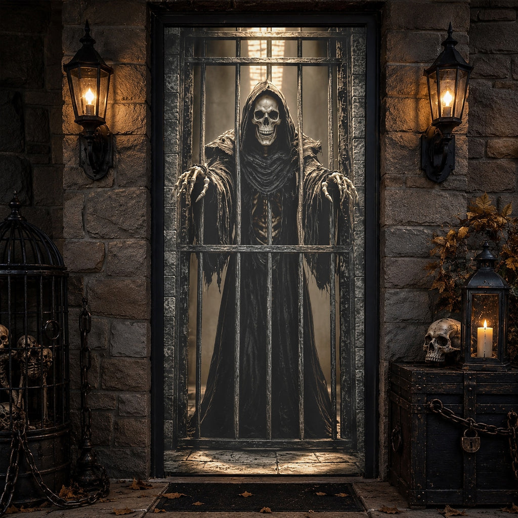 Lantern Witch Hat Door Banner Halloween Door Cover Skeleton Prison Grim