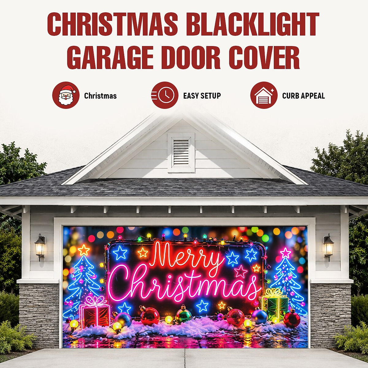 Blacklight Christmas Garage Door Cover - Neon Merry Christmas Tree Design