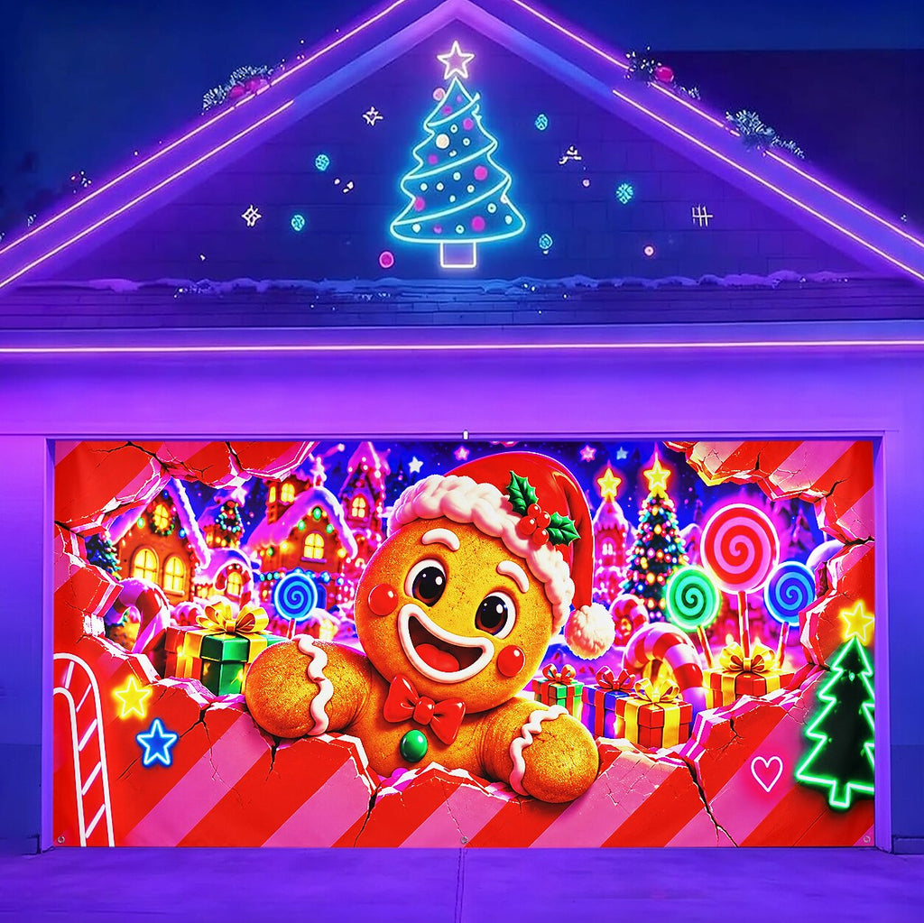 Blacklight Christmas Garage Cover 3D UV Reactive Broken Wall Gingerbread Man