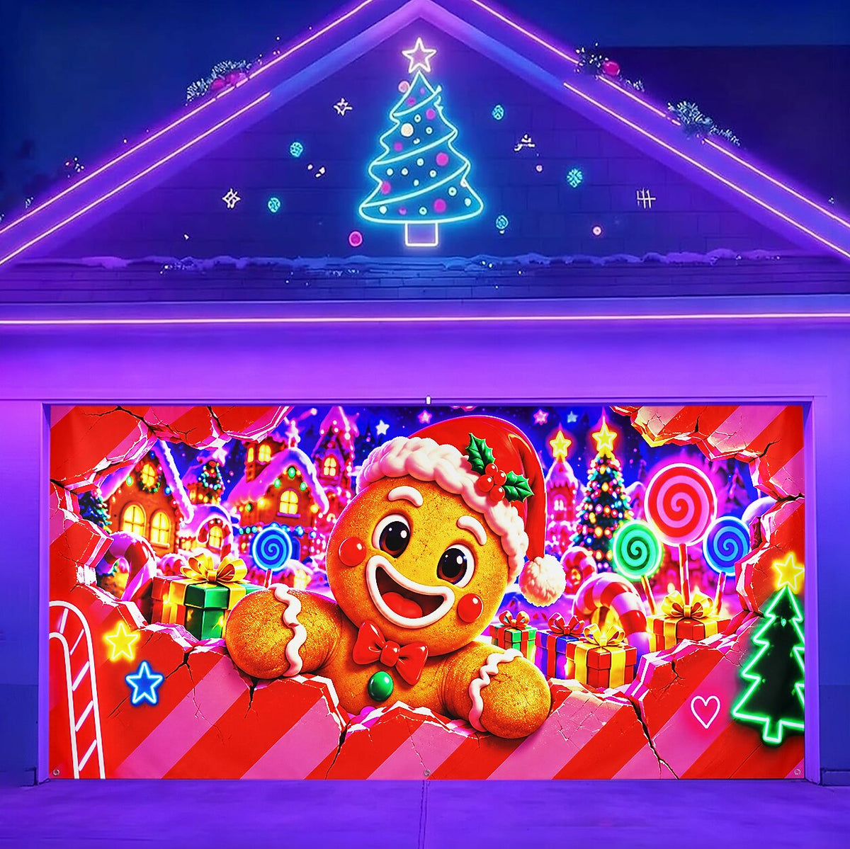 Blacklight Christmas Garage Cover 3D UV Reactive Broken Wall Gingerbread Man