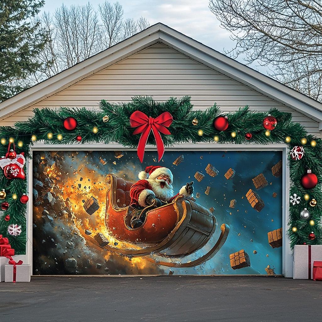 Motorcycle Santa Garage Door Cover