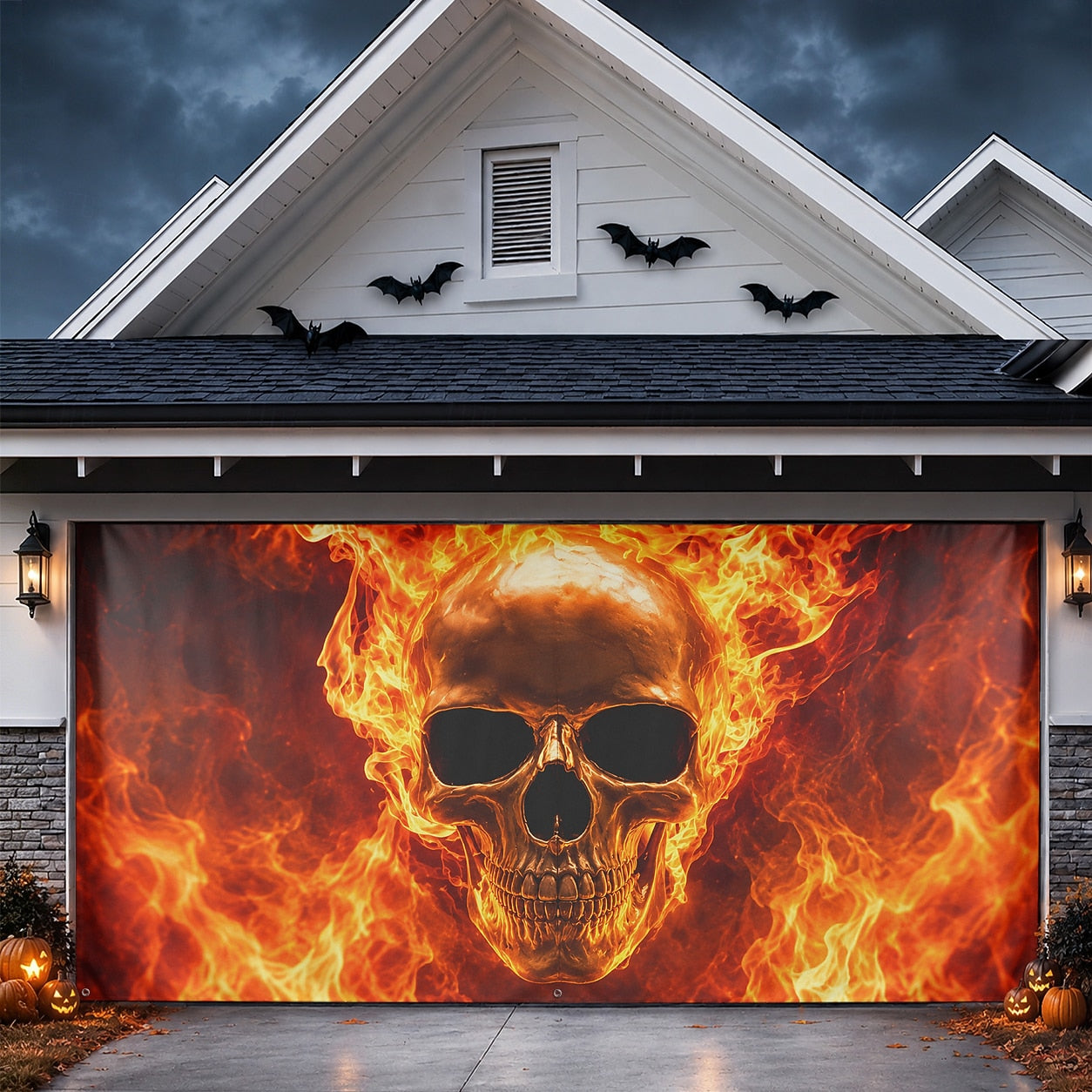 Flaming Skull & Fire | Halloween Garage Door Banner Cover