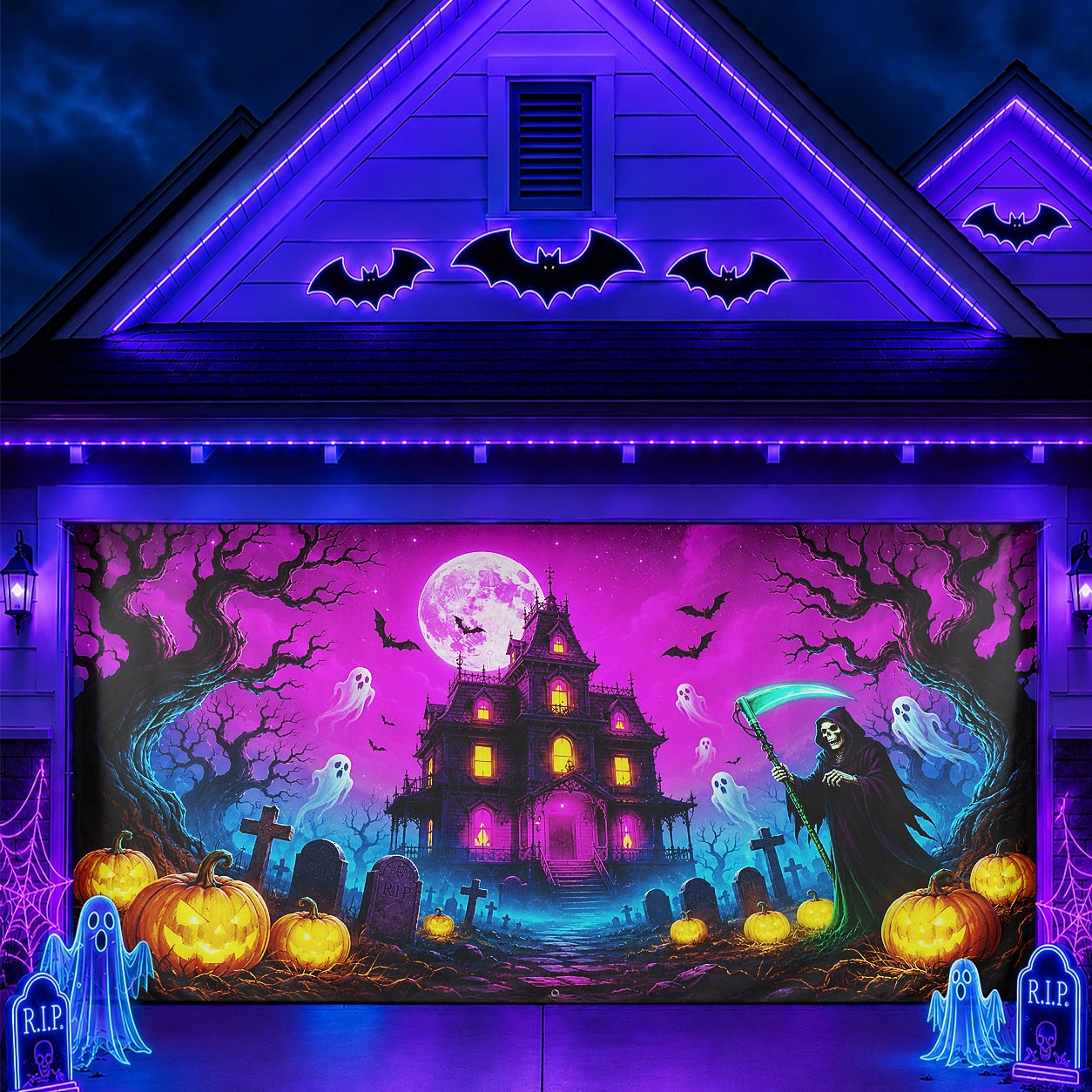 Blacklight Glow Ghost & Neon Purple | Halloween Garage Door Banner Cover