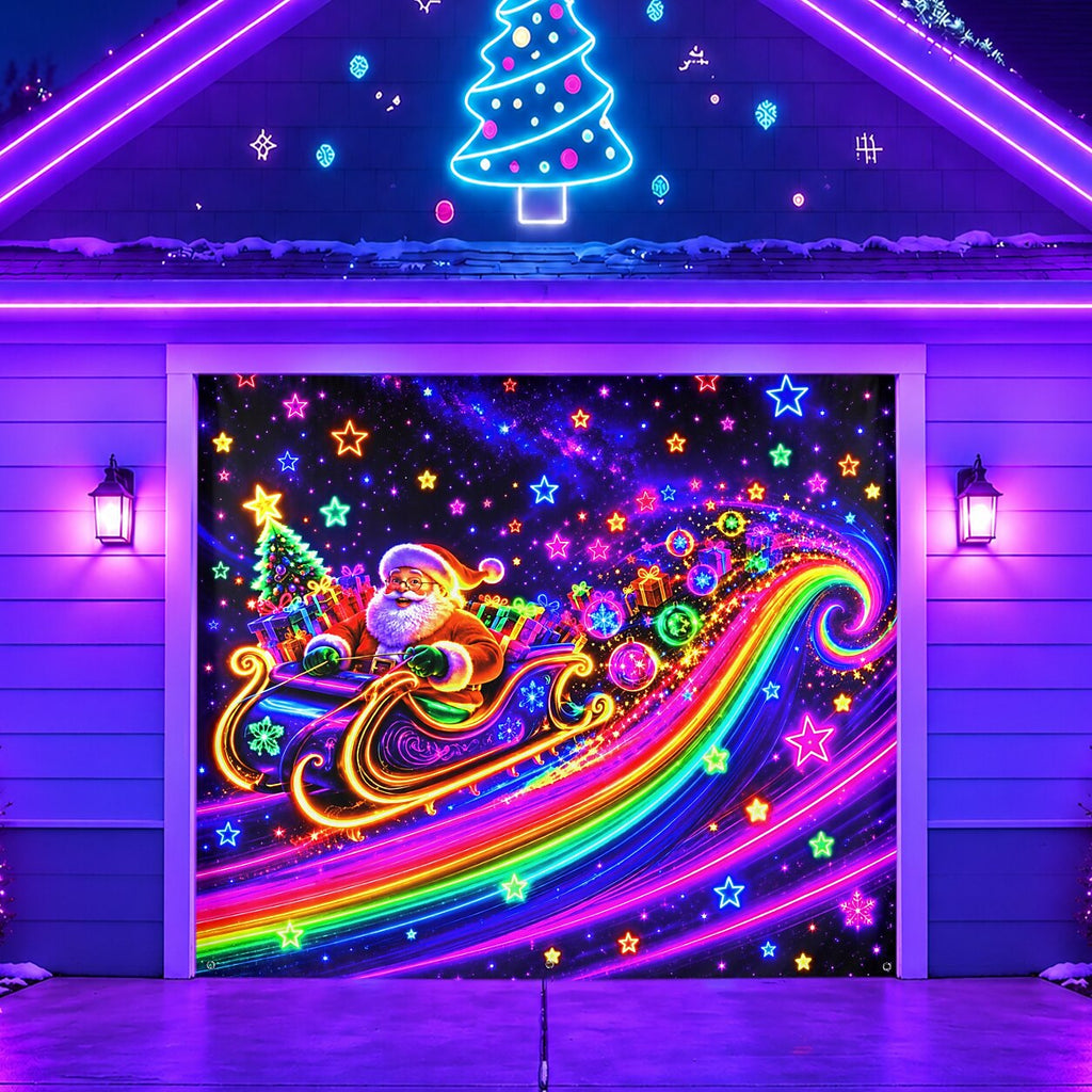 Blacklight Christmas Garage Cover UV Reactive Santa Claus & Sleigh