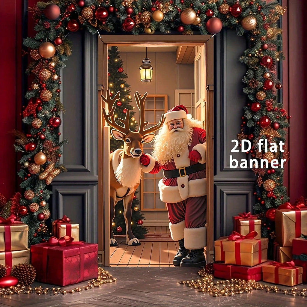 Santa Claus Reindeer & Christmas Tree Christmas Door Cover