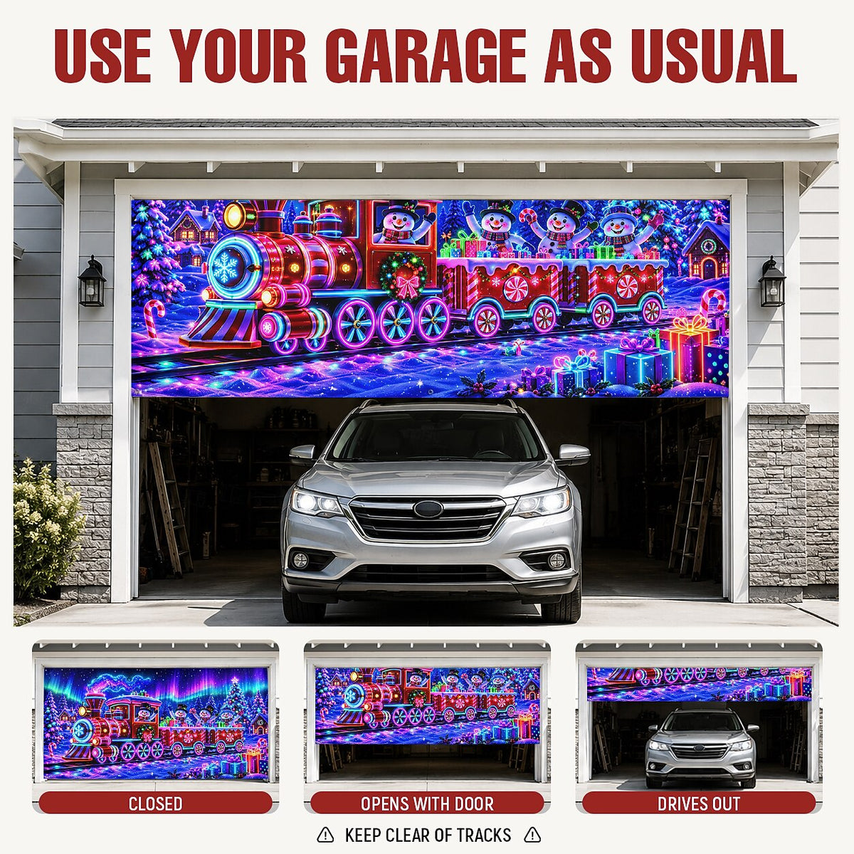 Blacklight Christmas Garage Cover UV Reactive Snowman & Christmas Train