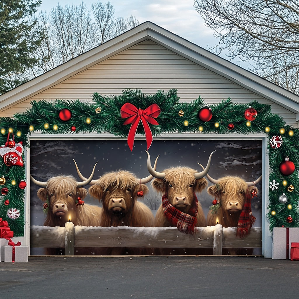 Christmas Highland Cow Garage Door Cover