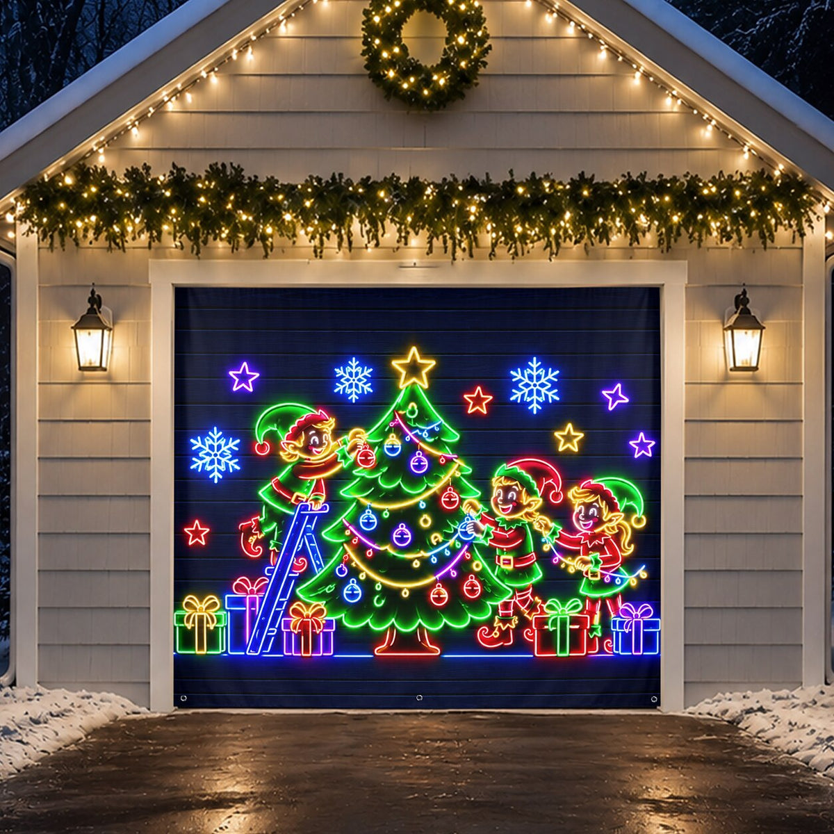 Blacklight Christmas Garage Cover UV Reactive Christmas Tree & Gifts