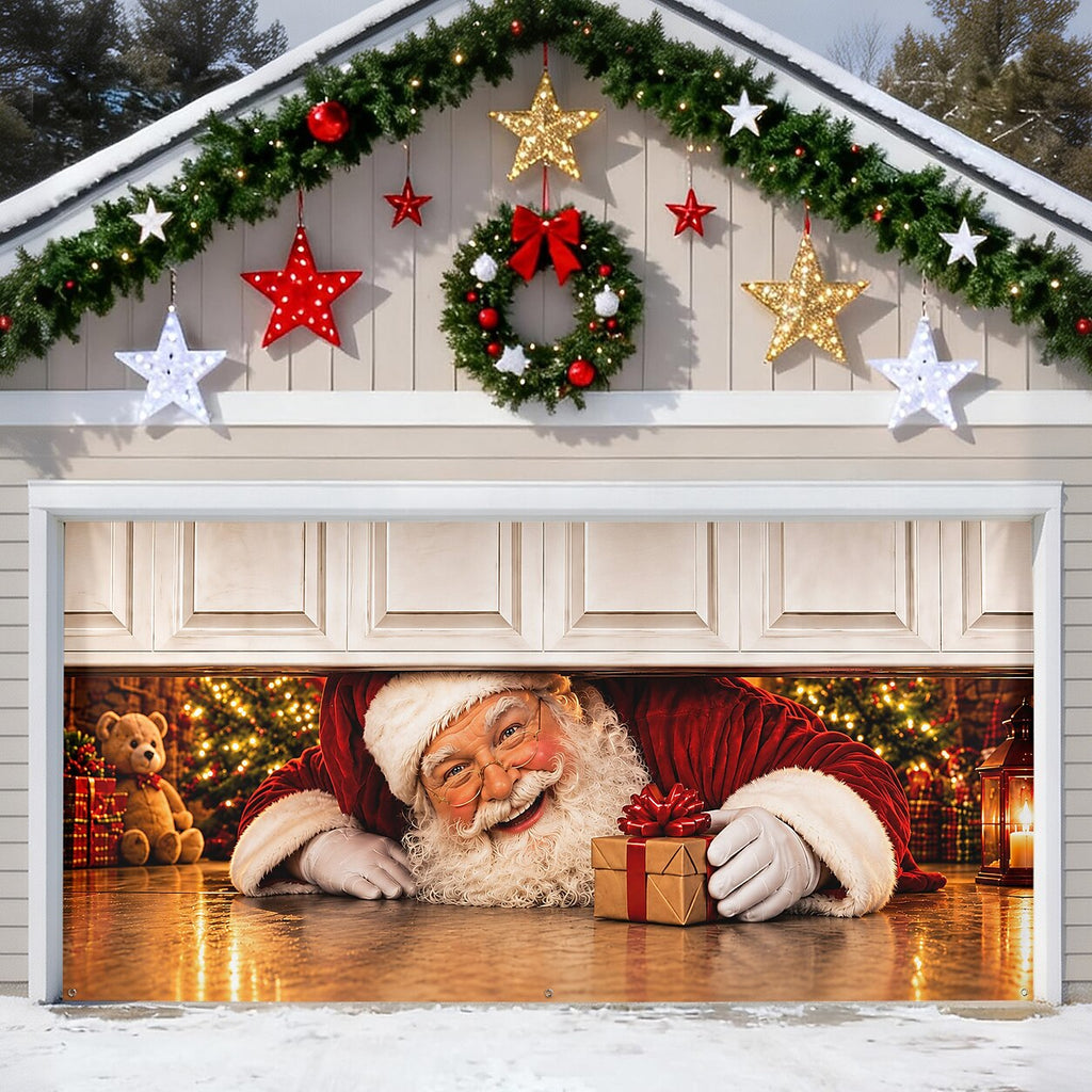 Christmas Garage Cover 3D Santa Peeking Out