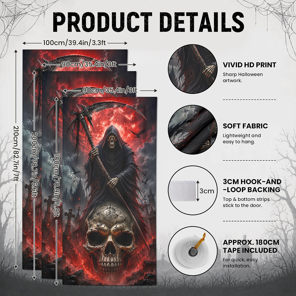 Door Scary Undead Door Banner Halloween Door Cover Grim Reaper Skull Red