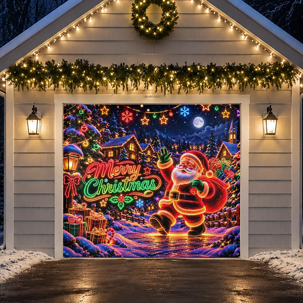 Blacklight Christmas Garage Cover UV Reactive Santa, Reindeer & Sleigh