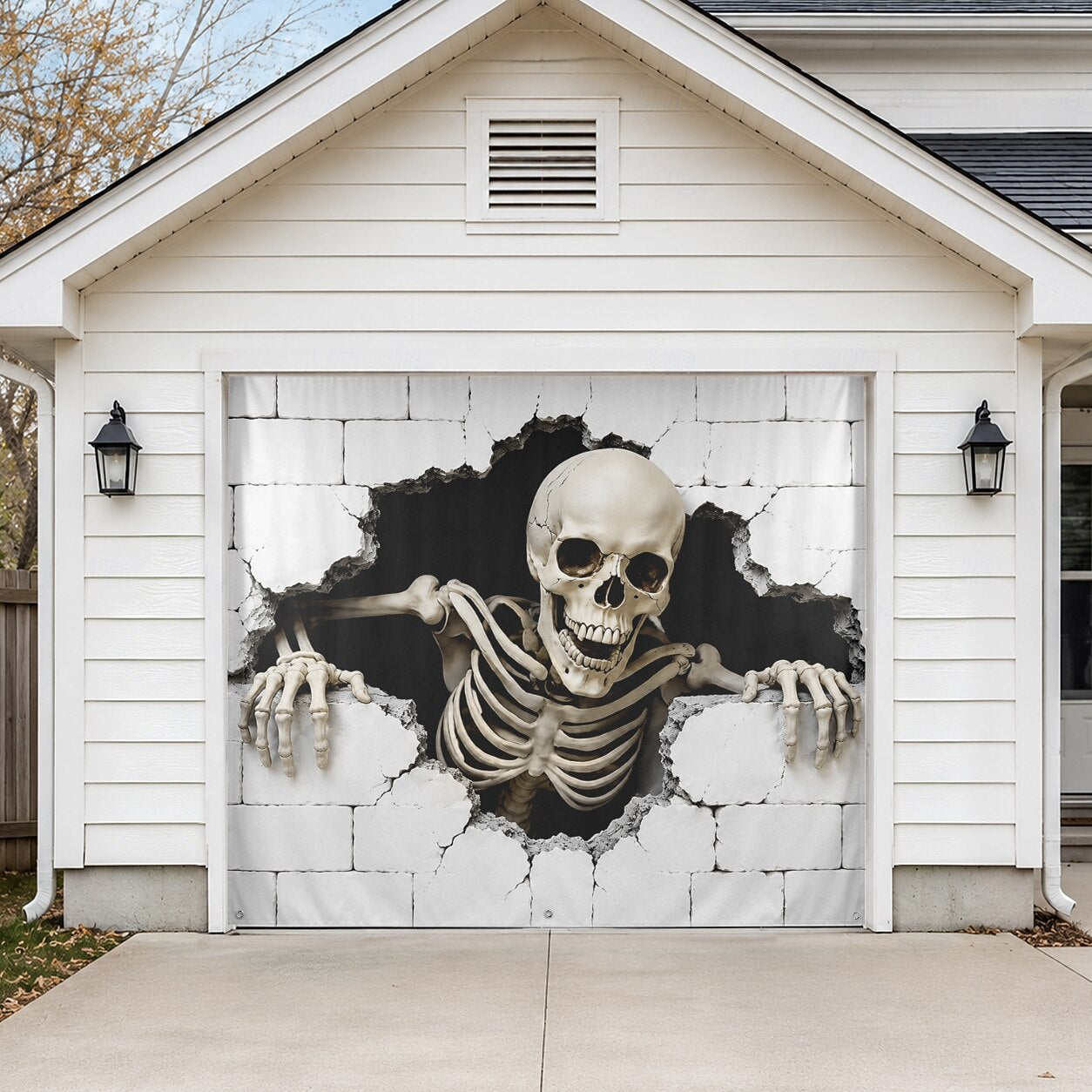 Halloween Skeleton Brick Wall Garage Door Cover