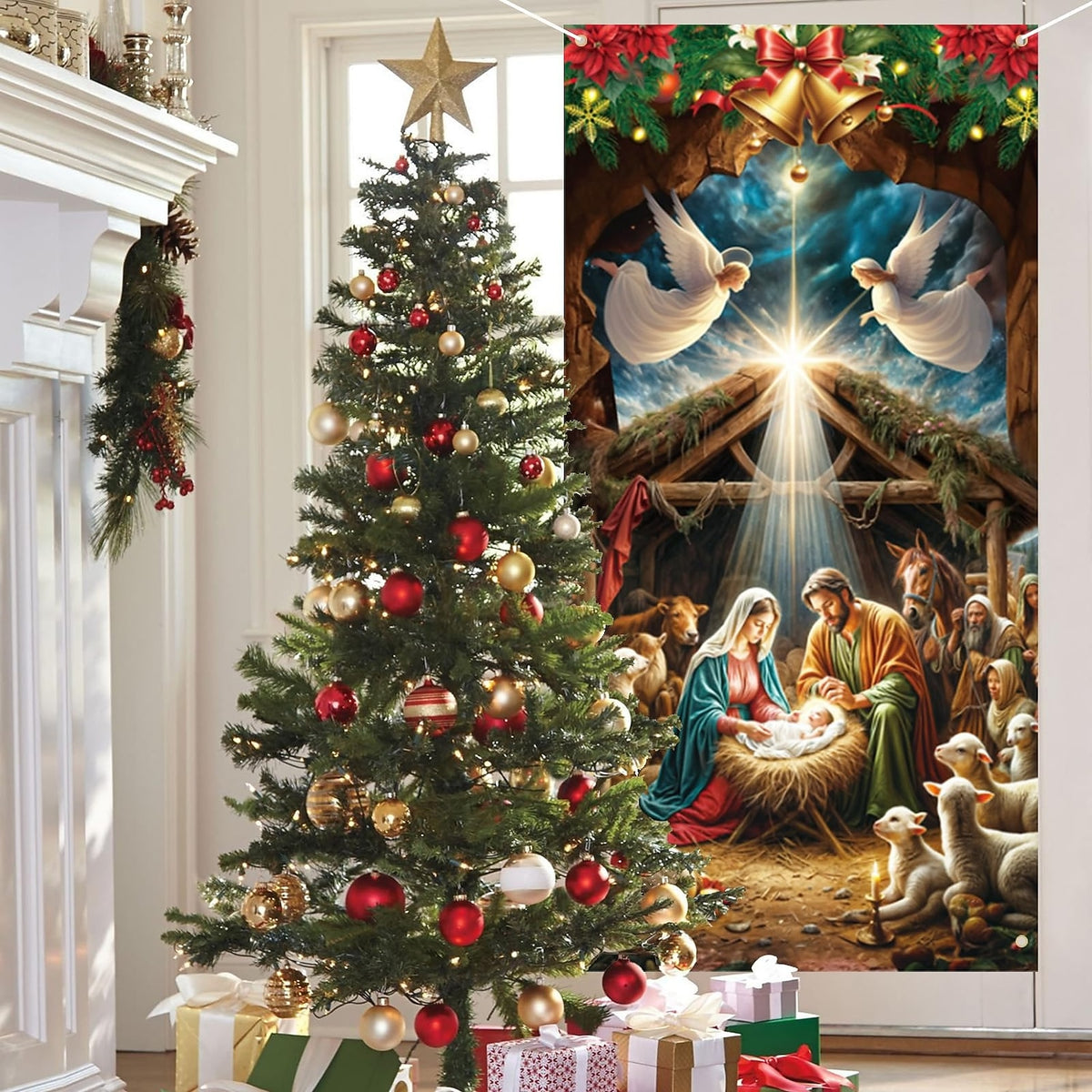 Nativity Scene & Christmas Wreath Christmas Door Cover