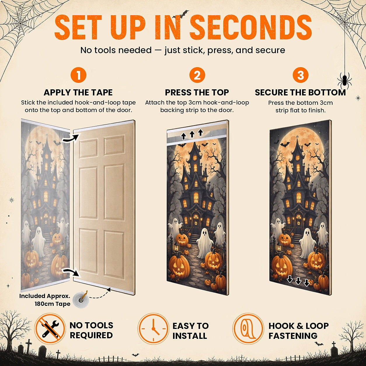 Pumpkin Full Moon Banner Halloween Door Cover Glowing Skull Grim Reaper