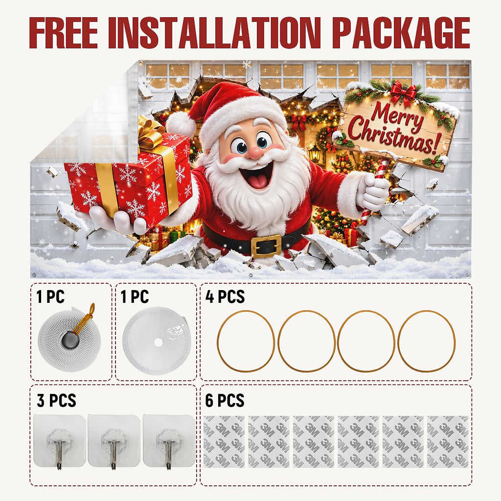 Christmas Garage Door Cover - Santa Breaking Through Gift 3D Design